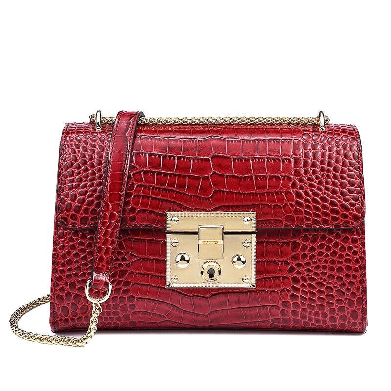 Red Genuine Leather Chain Shoulder Bag - TeresaCollections