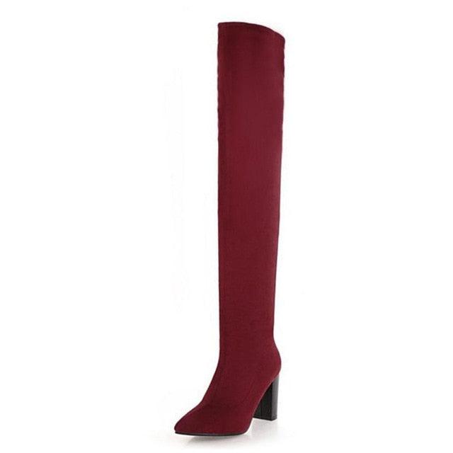 Pointed Toe Slip On Thigh High Heels Knee High Boot - TeresaCollections