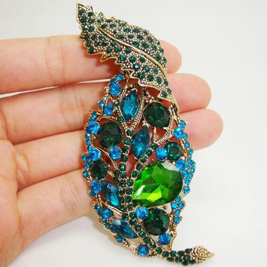 Rhinestone Jewelry Vintage Leaf Green Crystal Rhinestone Pendant Gold-Tone Brooch Pin - TeresaCollections