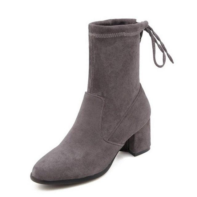 High Heel Round Toe Mid Calf Mature Simple Ankle Boots - TeresaCollections