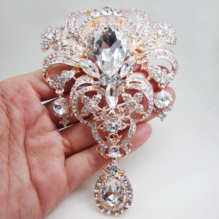 Rose Gold Tone Fashion Bride Brooch Pin Clear Rhinestone Crystal Flower Pendant - TeresaCollections