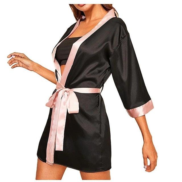 Silk Kimono Black Silk Sexy Lingerie Bow Satin Robe - TeresaCollections