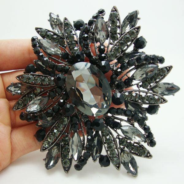 Vintage Style Black Brooch Pin Jewelry Black Flower Large Rhinestone - TeresaCollections