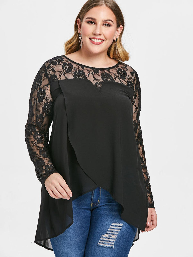 Lace Blouse See Through High Low Splicing Plus Size Blouse - TeresaCollections
