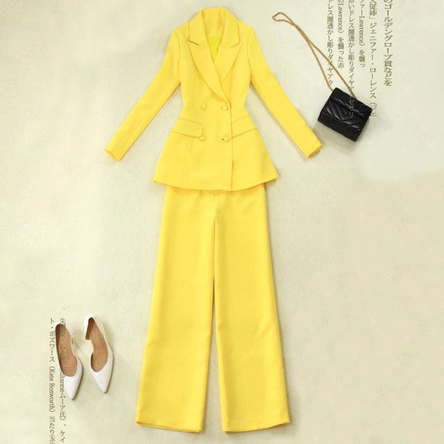 Yellow  Double-Breasted  Elegant Blazer+Wide Leg Pants Two Piece Set - TeresaCollections