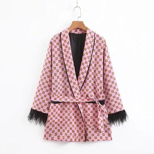 Pink Loose Print Tassel Decorative Kimono Loose Wide Leg Suits - TeresaCollections