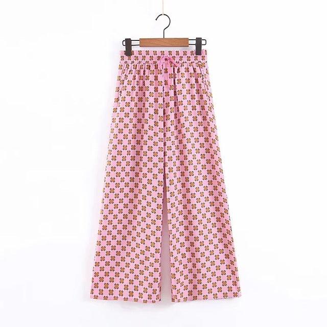 Pink Loose Print Tassel Decorative Kimono Loose Wide Leg Suits - TeresaCollections