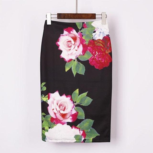 Autumn Rose Flower Printed High Waist Skirt - TeresaCollections