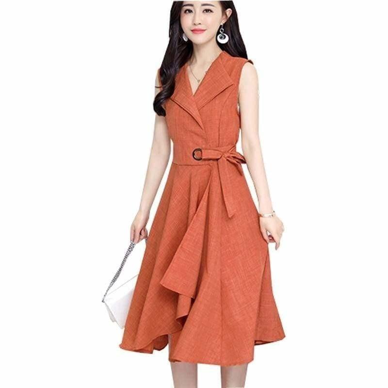A-Lin v-neck Cotton Linen Summer Sleeveless Work Office Wear Casual Midi Dress - TeresaCollections