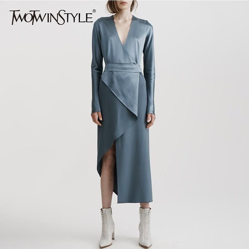 Asymmetric Hem V Neck Long Sleeve High Waist Midi Dress - TeresaCollections