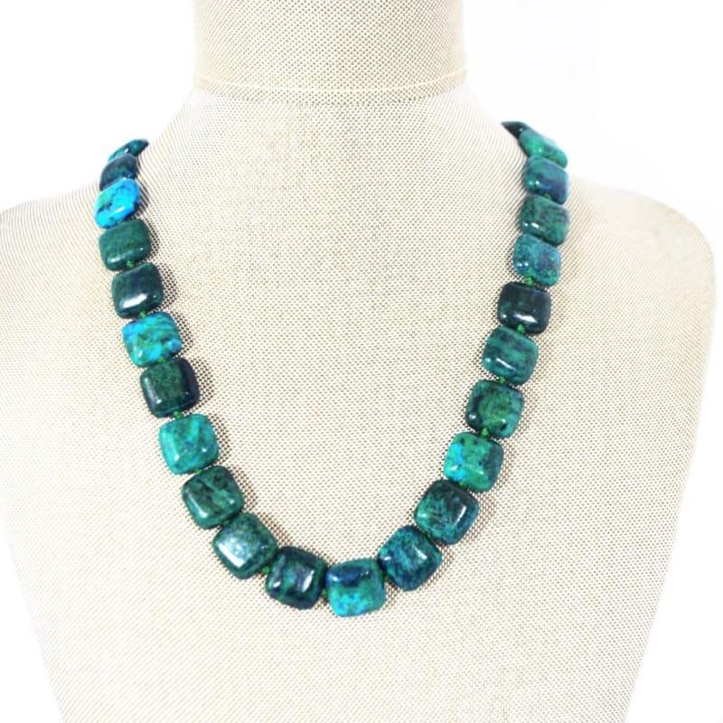 Azurite Chrysocolla Green Square Beaded Necklace - TeresaCollections