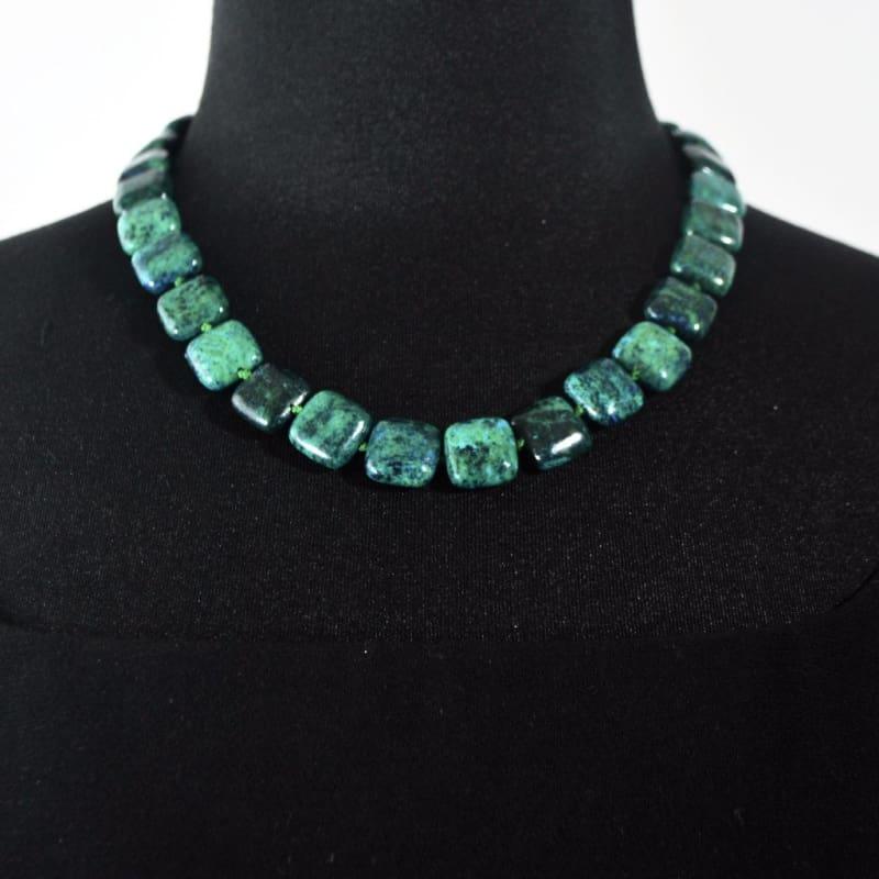 Azurite Chrysocolla Green Square Beaded Necklace - Handmade