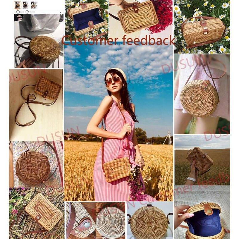 Bamboo Handbags Rattan Bohemian Beach Knitting Straw Bag - HandBag