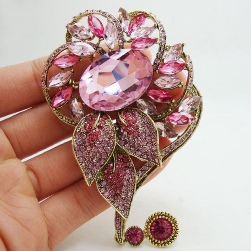 Beautiful Pink Flower Pendant Crystal Rhinestone Gold Tone Brooch Pin - brooch
