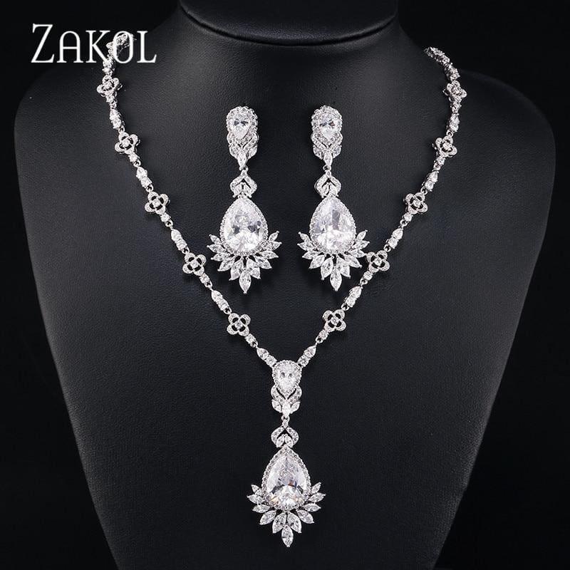 Big Drop Cubic Zirconia Leaf Bridal Wedding Jewelry Set - jewelry set
