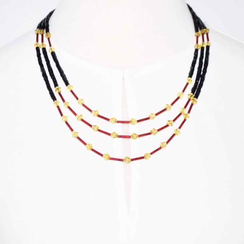 Black And Gold/Red Ascent Three Strands Necklace - Handmade