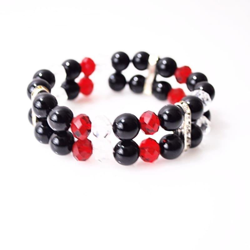 Black Onxy with Red and White Crystal Double Strands Womens Bracelets - Handmade