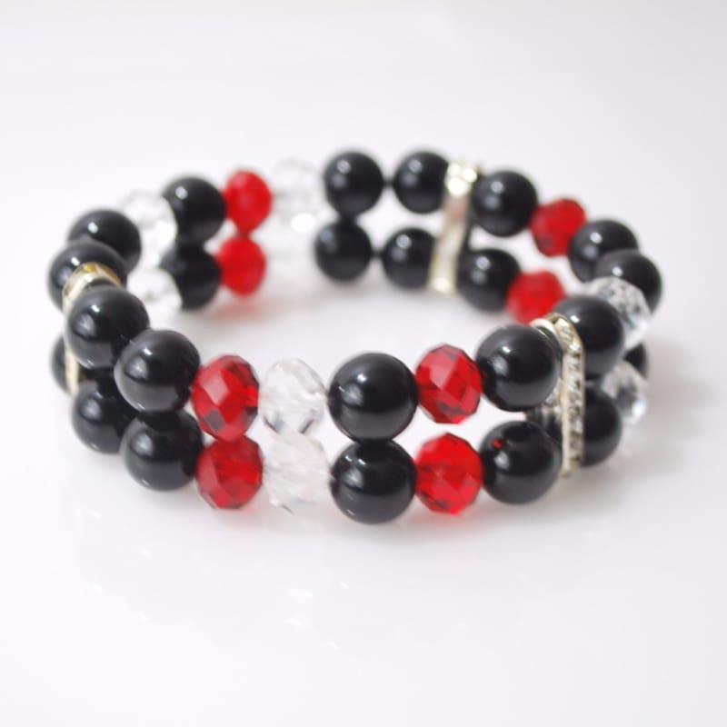 Black Onxy with Red and White Crystal Double Strands Women's Bracelets - TeresaCollections