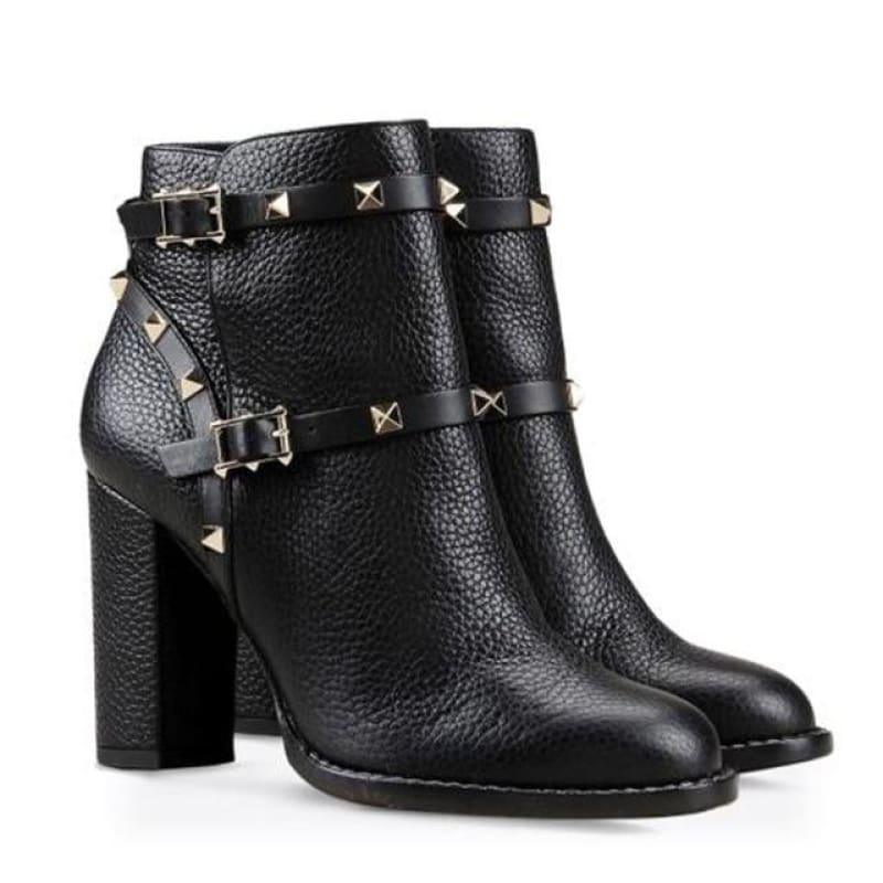 Black Thick High Heel Ankle Strap Studded Spikes Booties - TeresaCollections