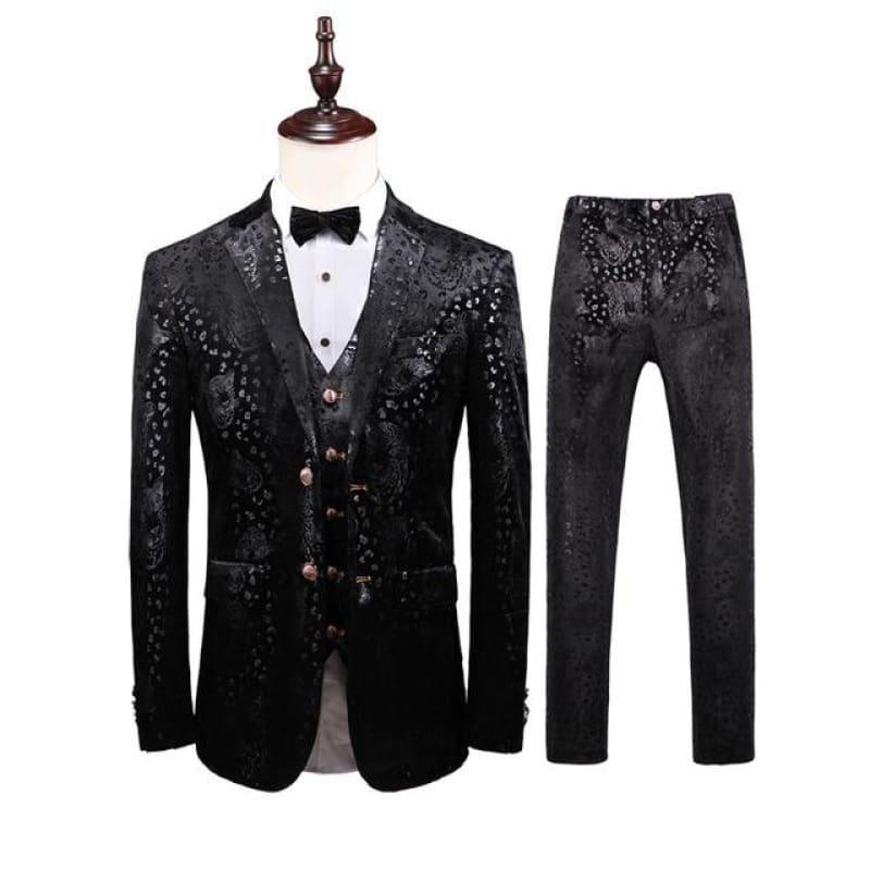 Black Three Piece Mens Floral Print Suit - Black / XXXL - mens suits