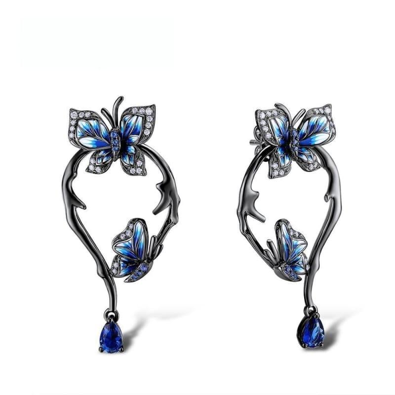 Blue Butterfly Ring Earrings Set 925 Sterling Silver Handmade Enamel Fashion Jewelry Set - jewelry set