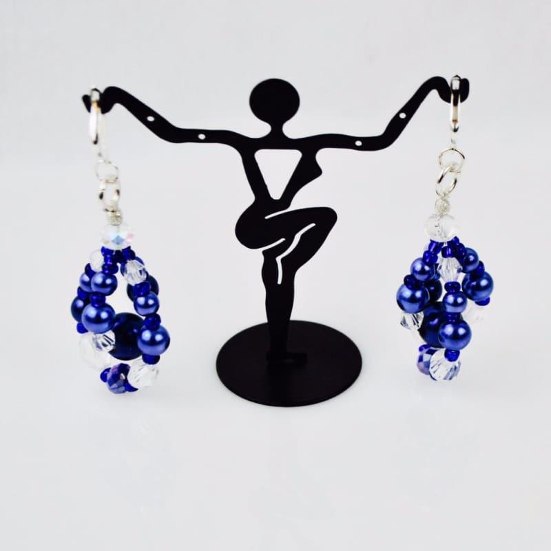 Blue Glass Pearls Crystal Chandelier Earrings - Handmade