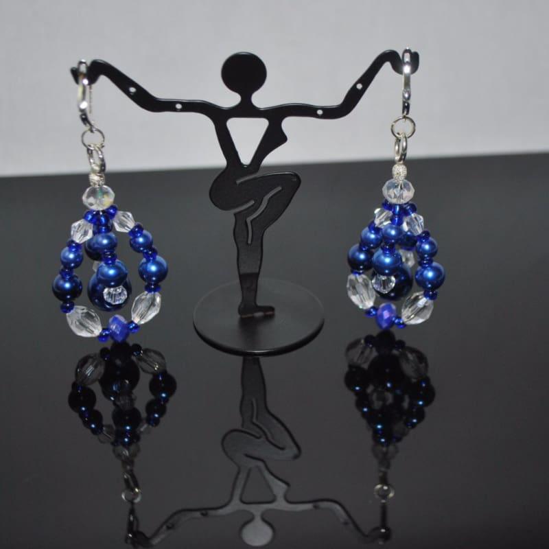 Blue Glass Pearls Crystal Chandelier Earrings - Handmade