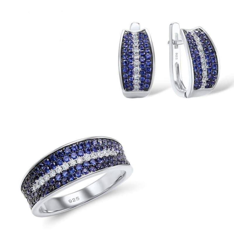 Blue Nano Cubic Zirconia Jewelry Set Ring Earrings 925 Sterling Silver Jewelry Set - 7.25 - jewelry set