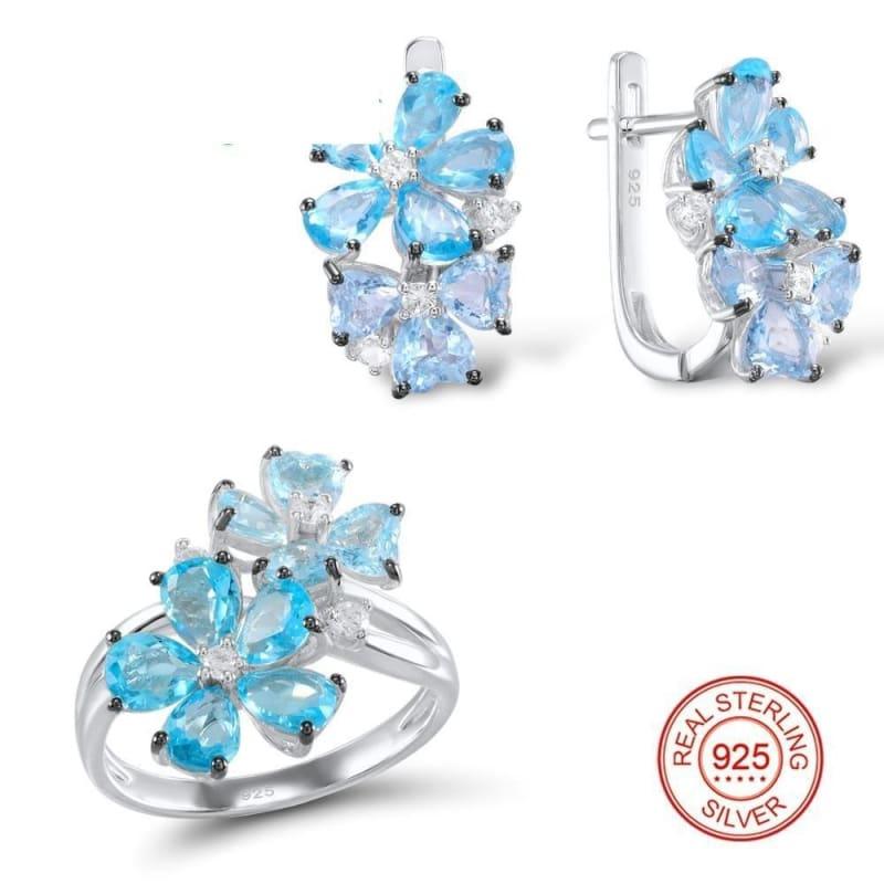 Blue Stone White Cubic Zirconia Ring Earrings Pure 925 Sterling Silver Fashion Jewelry Set - jewelry set