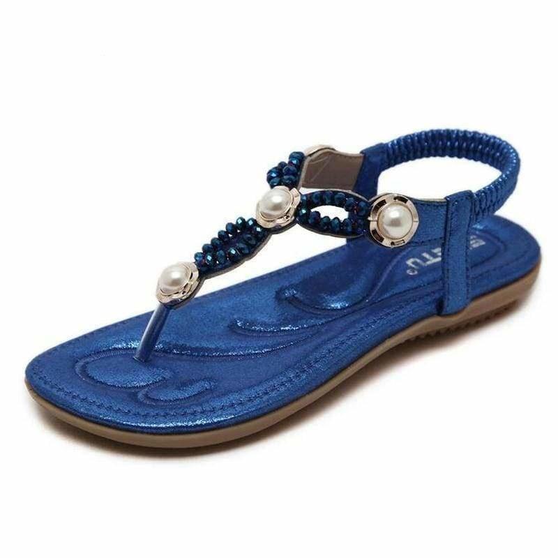 Blue T-strap Thong Flat Gladiator Summer Sandals - 4 - sandals