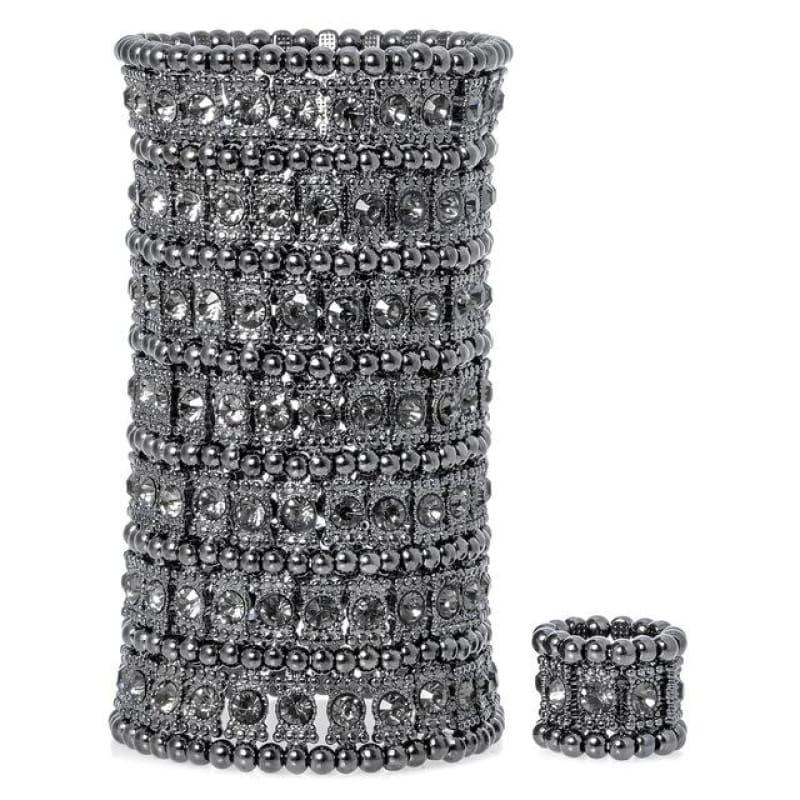 Bronze Crystal Multilayer Stretch Cuff Bracelet Ring Sets - gun / China - bracelets
