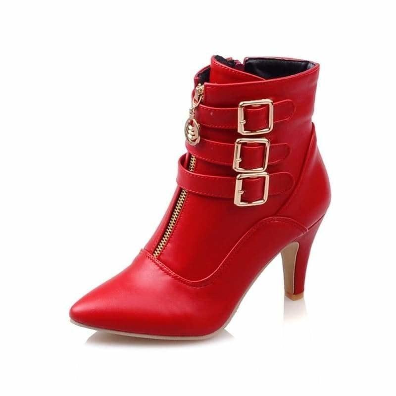 Buckle Pointed Toe High Heels Ankle Boots - Booties