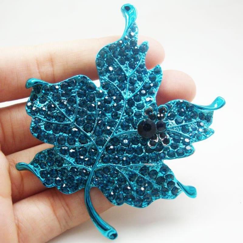 Charming Blue Maple Leaf Rhinestone Crystal Woman Brooch Pin Silver Tone - brooch