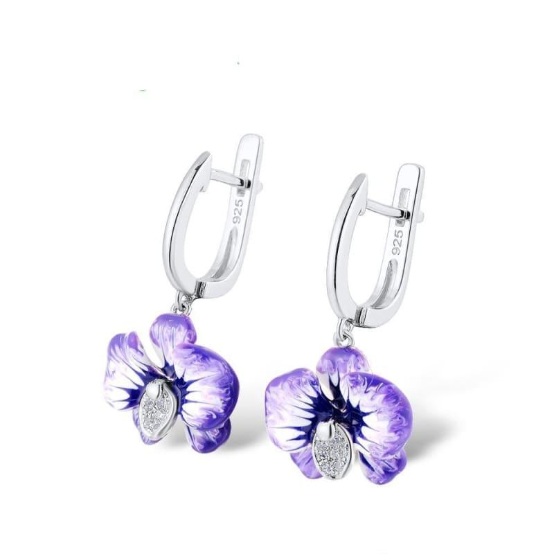Chic Purple Flower Earrings Ring Set 925 Sterling Silver Fashion HANDMADE Enamel Jewelry Set - jewelry set