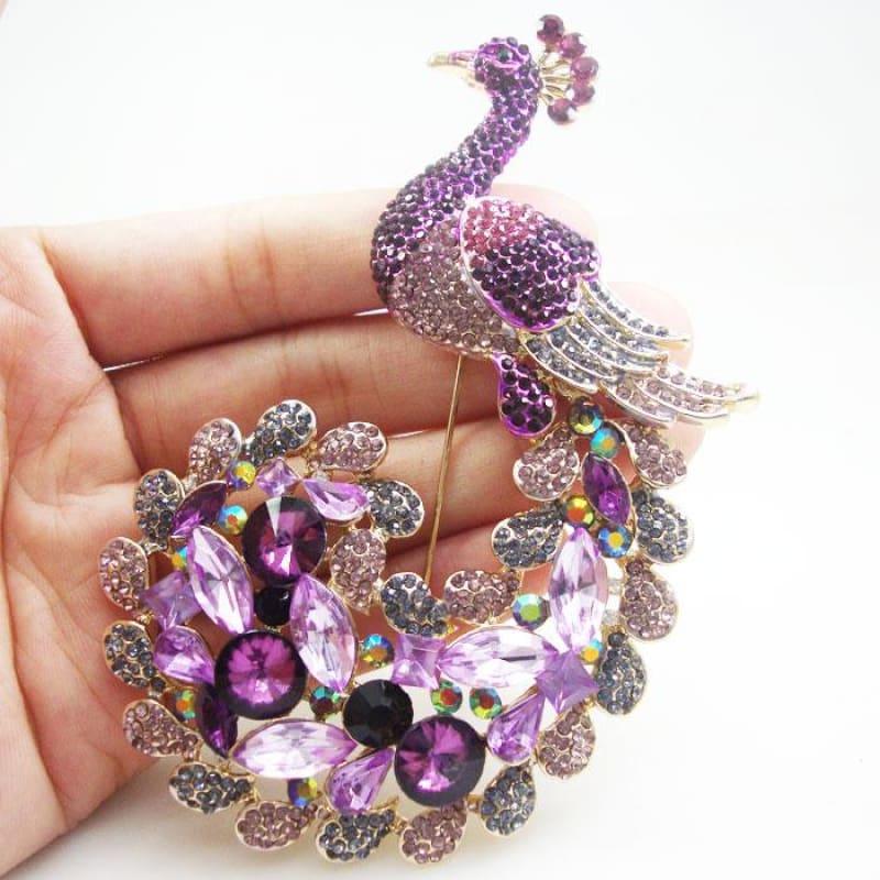 Classic Luxury Peacock Bird Gold Tone Brooch Pin Purple Rhinestone Crystal - brooch