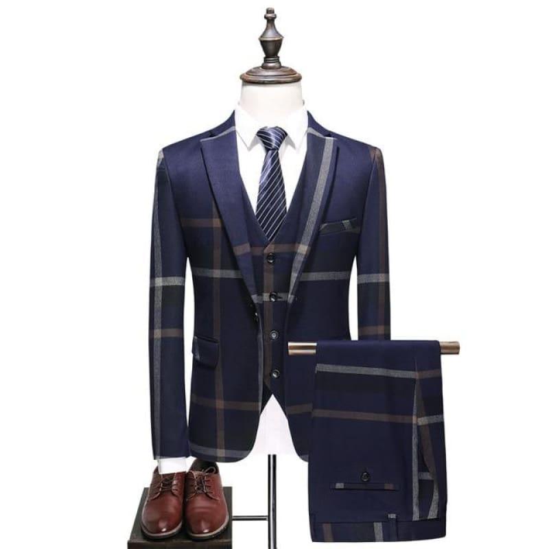Classic Plaid Tuxedo Men Classic Mens Suits Formal Jacket Pants Vest Suits - Navy Blue / XXXL - mens suits