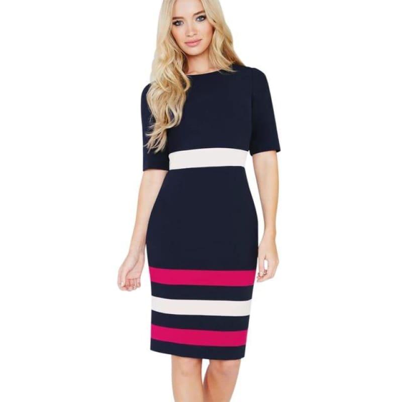 Color Contrast Fitted Casual Short Sleeve Chic Work Pencil Dress - dark blue / S - mid length