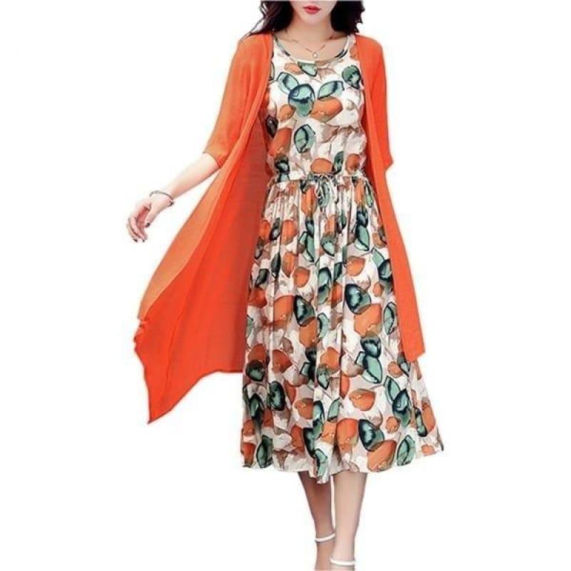 Cotton Line dress Print Round Neck Plus Size Summer Casual Loose Two Piece Set Midi Dress - Orange / M - Set