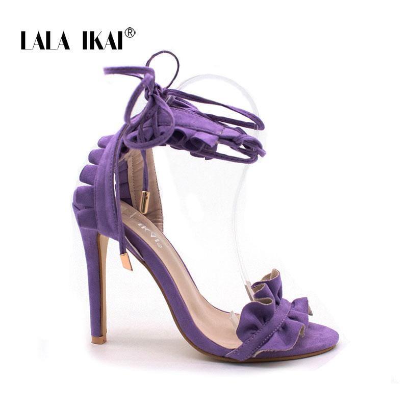 Cross Bandage High Heels Thin Heel Ruffle Lace-Up Sandals - Purple / 6.5 - Sandals