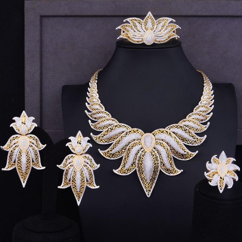 Crown Leaf Leaves Wedding Red Cubic Zirconia Statement Necklace Earrings Jewelry Set - Resizable - Jewelry Set