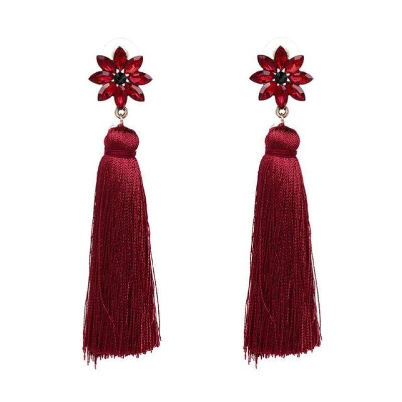 Crystal Flower Red Green Dangle Earrings With Black Purple Tassel Boho Earrings - TeresaCollections