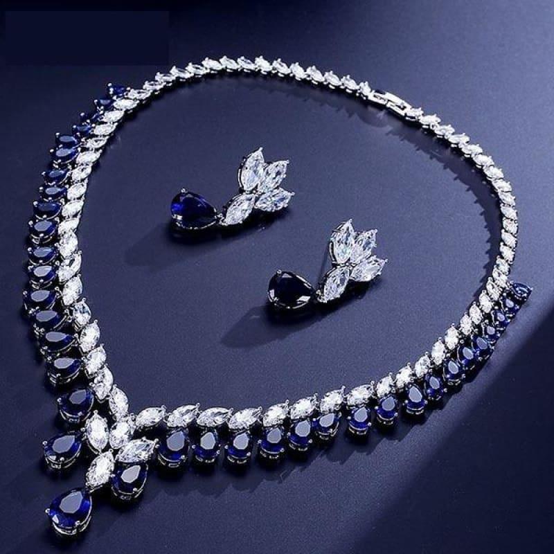 Cubic Zirconia Earrings And Necklace Jewelry Bridal Formal Jewelry Sets - Blue - jewelry set