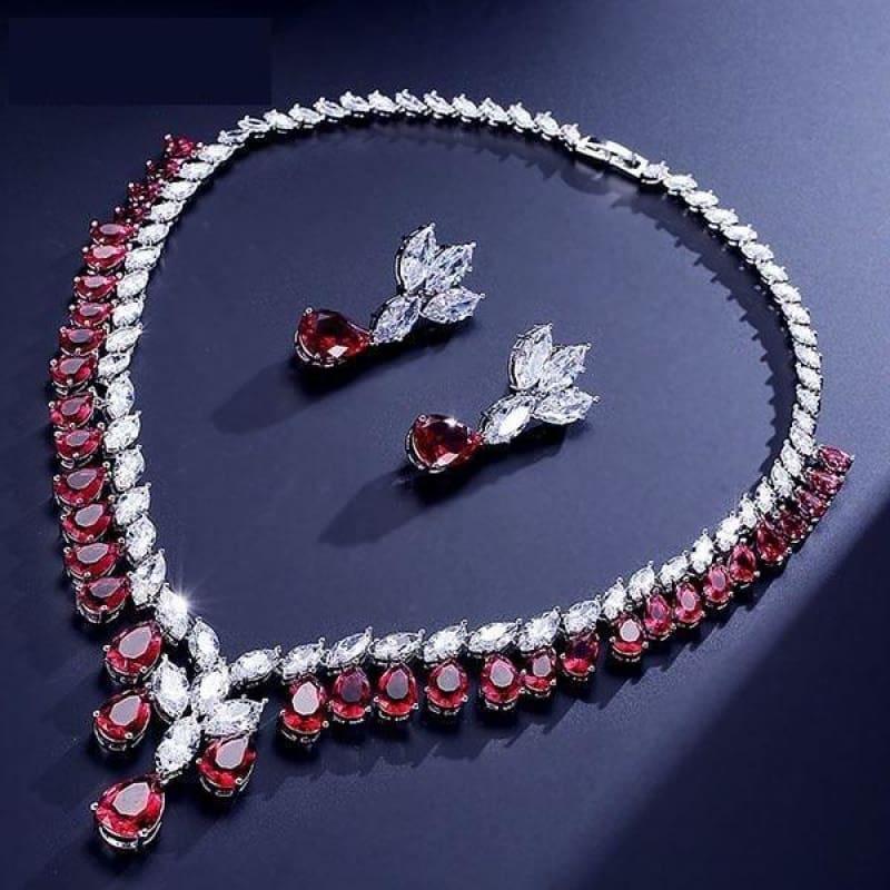 Cubic Zirconia Earrings And Necklace Jewelry Bridal Formal Jewelry Sets - Red - jewelry set