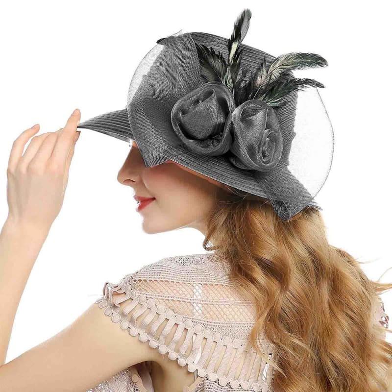 Elegant Big Bow Feather Flower Summer Khaki Color Yarn Church Fedoras Hats - Black - hats