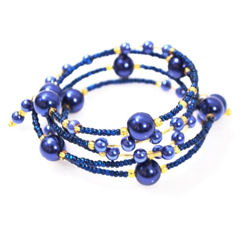 Elegant Blue Glass Pearls / Sapphire And Gold Ascent Wrap Around Bracelets - Handmade