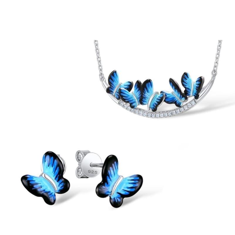 Enamel Butterfly Stones Ring Earrings Pendent Necklace 925 Sterling Silver Women Jewelry Set - jewelry set