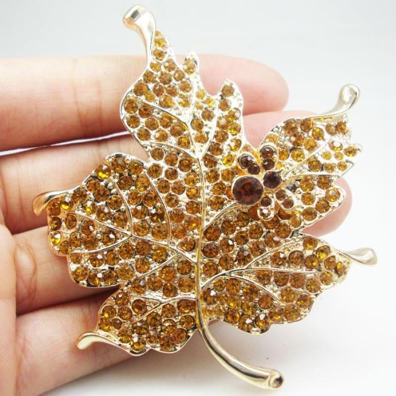 Fashionable Jewelry Gold Tone Maple Leaf Brown Rhinestone Crystal Brooch Pin - brooch
