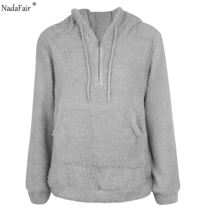 Faux Shearling Hooded Zip Casual Fleece Sweater - Gray / L - women Sweater