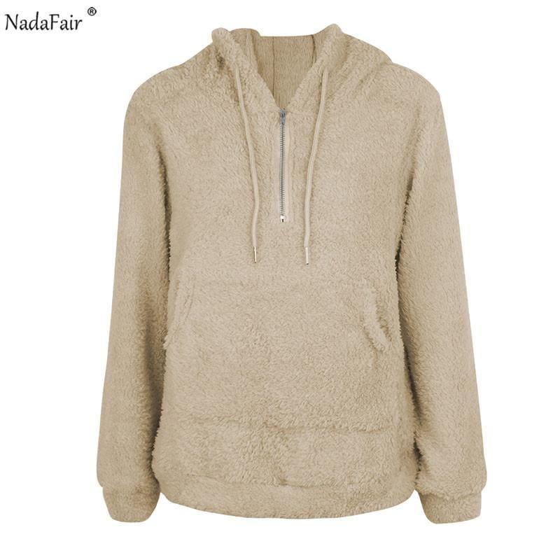 Faux Shearling Hooded Zip Casual Fleece Sweater - Khaki / L - women Sweater