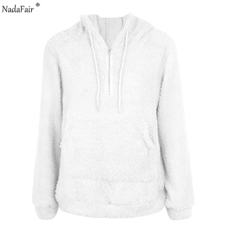 Faux Shearling Hooded Zip Casual Fleece Sweater - White / L - women Sweater